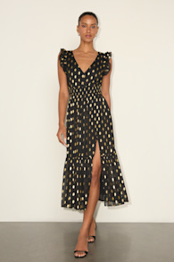 Cause to Celebrate Black and Gold Dot Ruffled Tiered Midi Dress 2