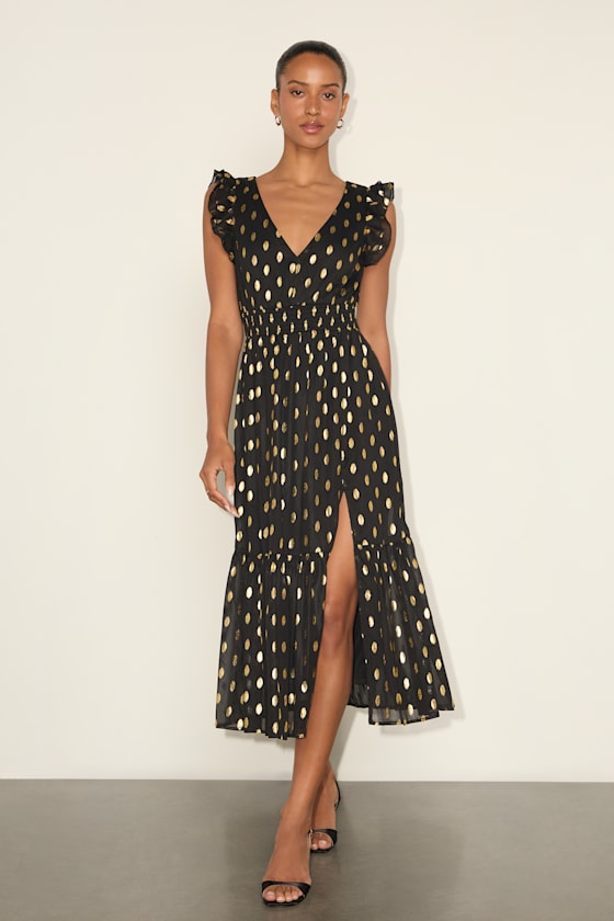 Cause to Celebrate Black and Gold Dot Ruffled Tiered Midi Dress 2