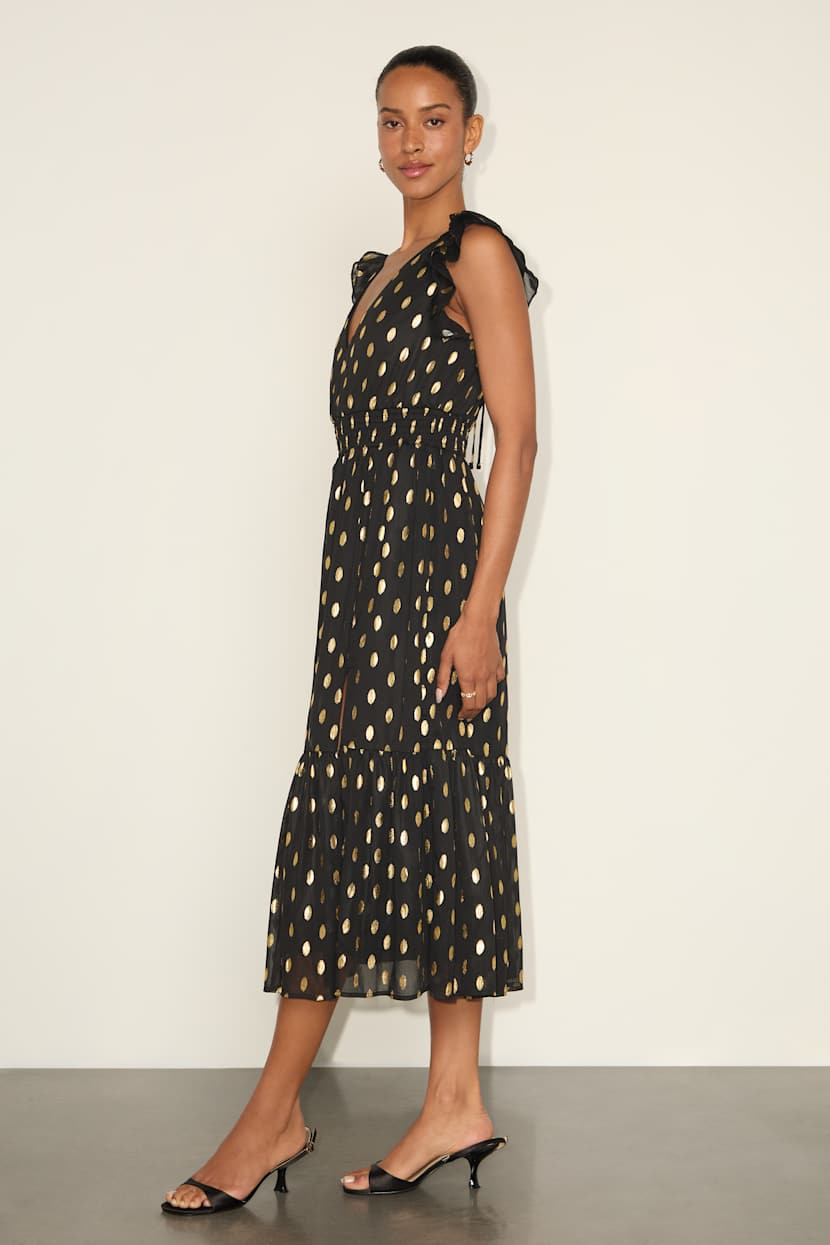 slim fit dress slacks Black Long Gold Sequins Fitted Deep V Neck Ruffle Sleeve Formal Dress main image 1