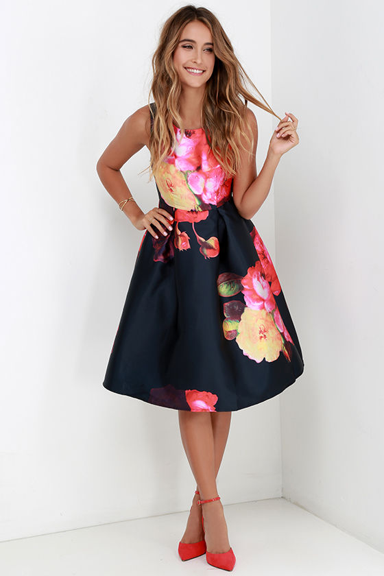 navy dress with red flowers