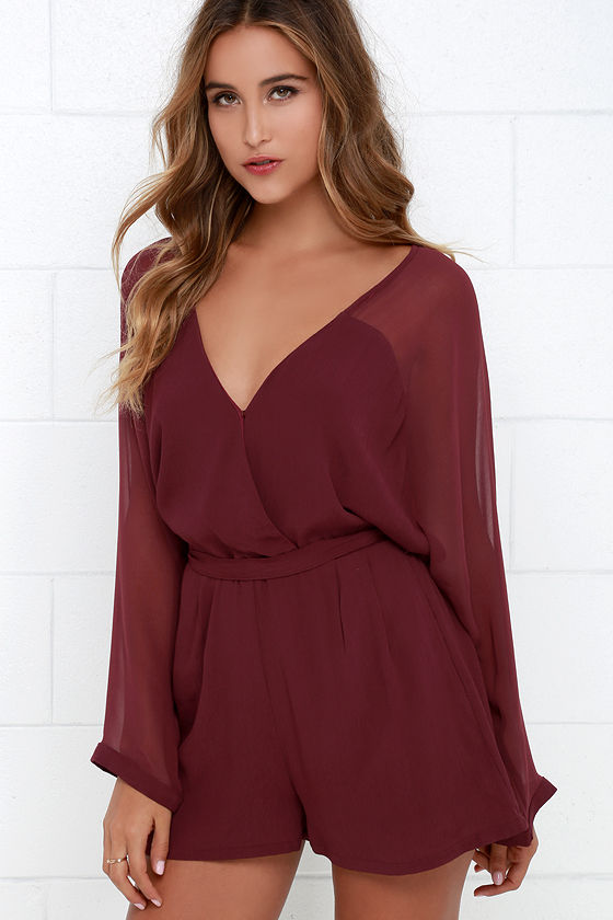 Sexy Wine Red Romper - Sheer Romper - Long Sleeve Romper - $54.00 - Lulus