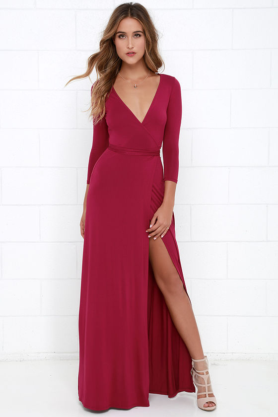 Lovely Berry Red Maxi Dress - Wrap Dress - Wrap Maxi Dress - $68.00
