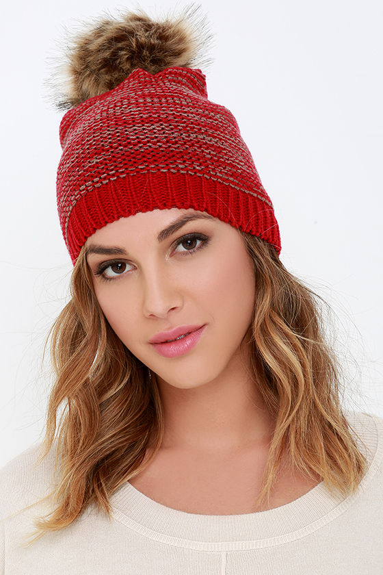 Cute Red Beanie Marled Knit Beanie Pompom Beanie 12.00