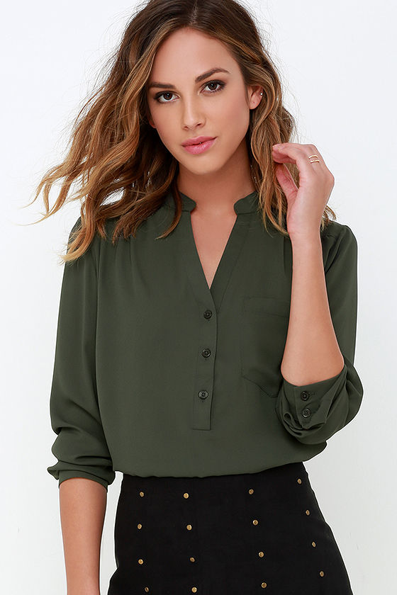 Cute Olive Green Top Long Sleeve Top Olive Green Blouse 37.00