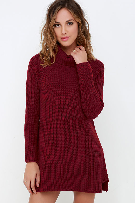 Wine Red Dress - Sweater Dress - Long ...