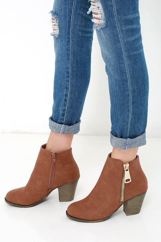 cognac chunky heel boots
