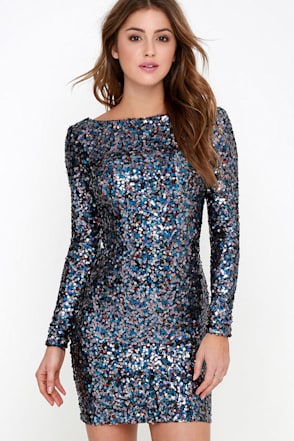 dress the population blue sequin dress Dress The Population Women's Elisa Embellished Fit-And-Flare Dress - Midnight Blue Multi