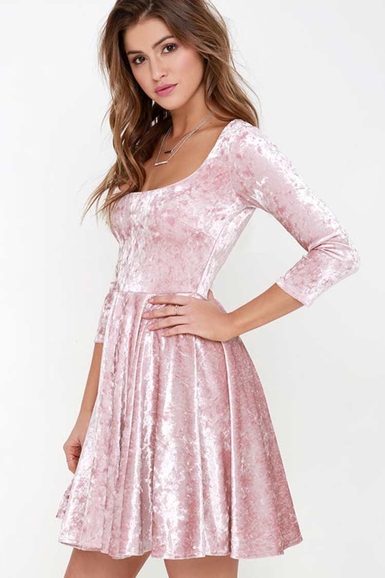 I Love You Amore Blush Pink Velvet Skater Dress