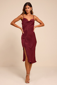 Slinking Out Loud Burgundy Satin Side Button Slip Dress 2