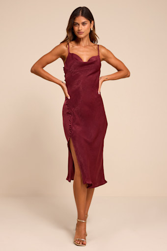 Slinking Out Loud Burgundy Satin Side Button Slip Dress 2