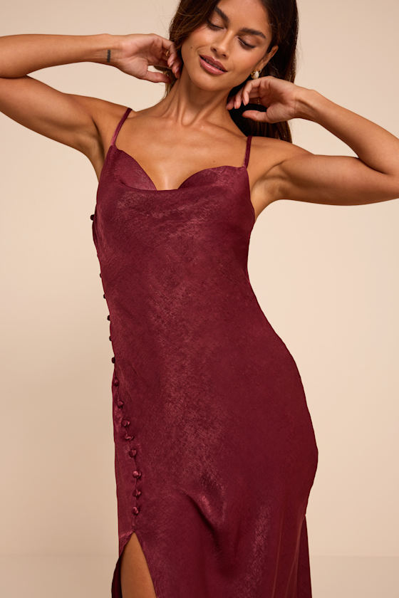 Slinking Out Loud Burgundy Satin Side Button Slip Dress 3