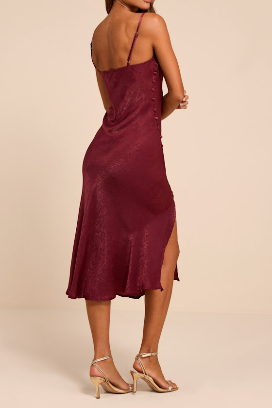 Slinking Out Loud Burgundy Satin Side Button Slip Dress - thumbnail 3