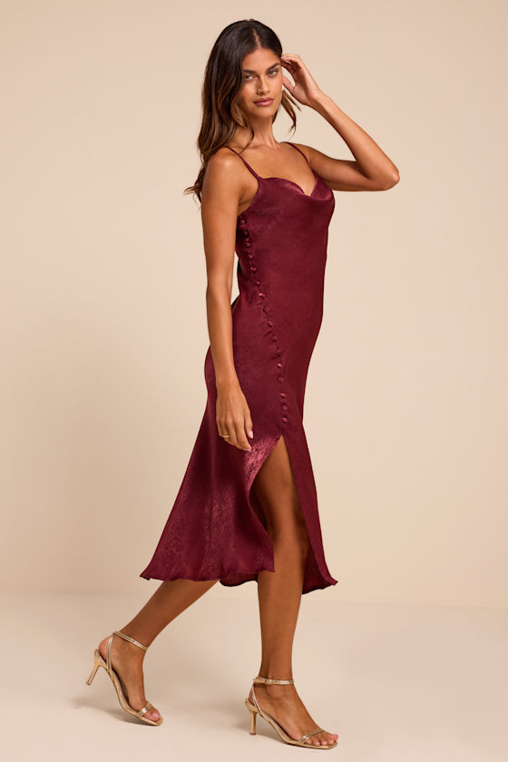Slinking Out Loud Burgundy Satin Side Button Slip Dress - thumbnail 4
