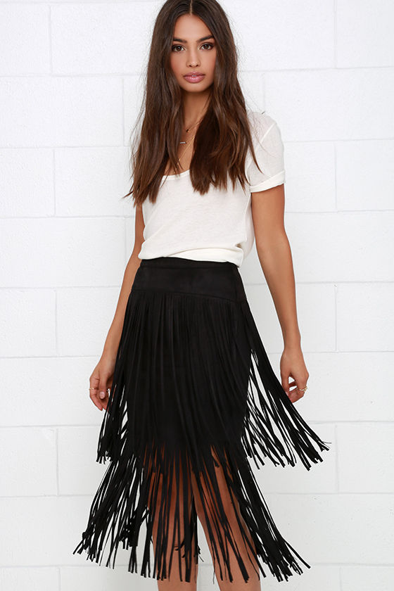 Black Skirt Fringe Skirt HighWaisted Skirt 46.00 Lulus