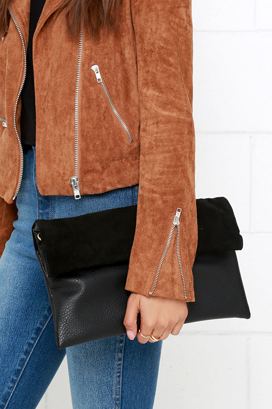 Cute Black Clutch Suede Clutch Leather Clutch Roll Purse 49.00