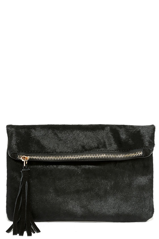 Chic Black Clutch Faux Leather Clutch Pony Fur Clutch 41.00 Lulus