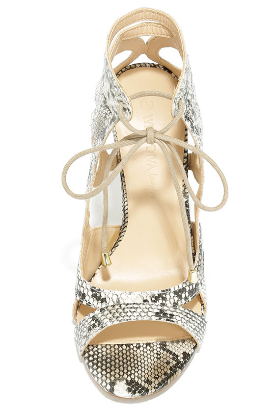 lace up snakeskin heels