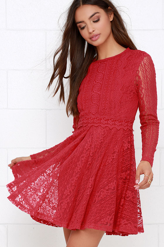 Pretty Red Dress - Lace Dress - Long Sleeve Dress - $54.00 - Lulus