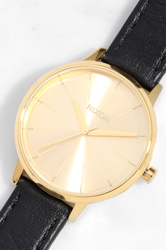 black leather strap gold face watch