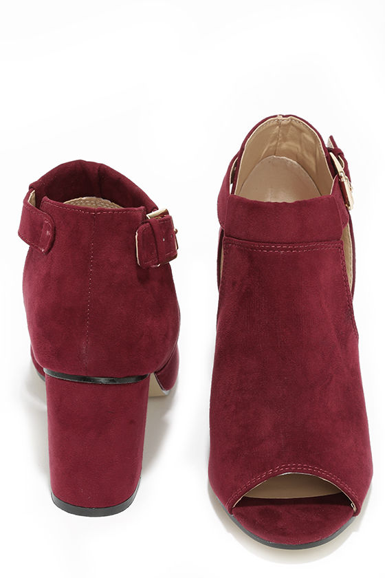burgundy open toe booties
