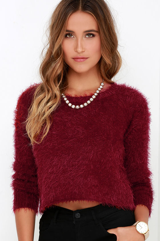 Cute Wine Red Sweater Fuzzy Sweater Cropped Sweater 59.95 Lulus