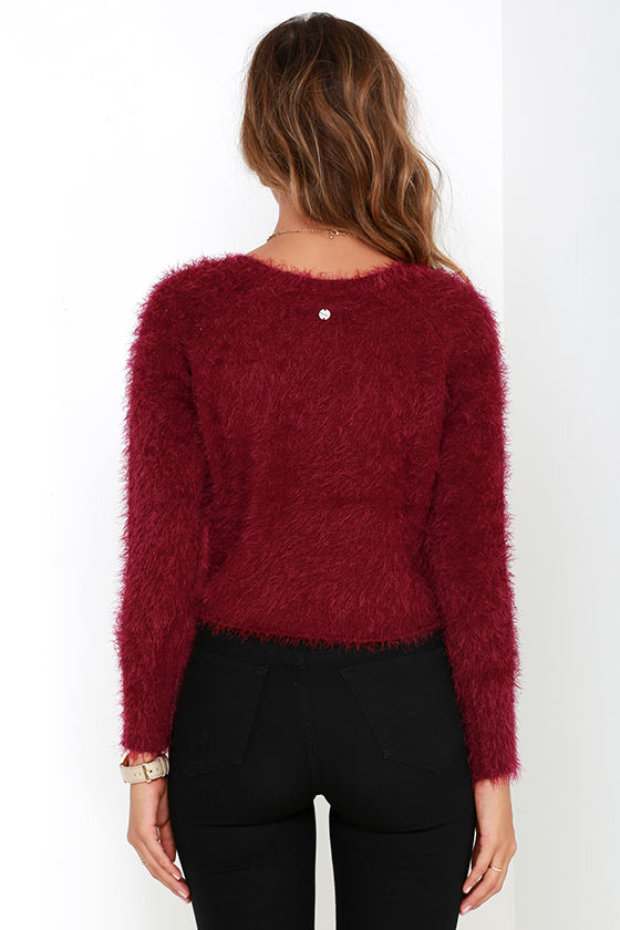 Cute Wine Red Sweater Fuzzy Sweater Cropped Sweater 59.95