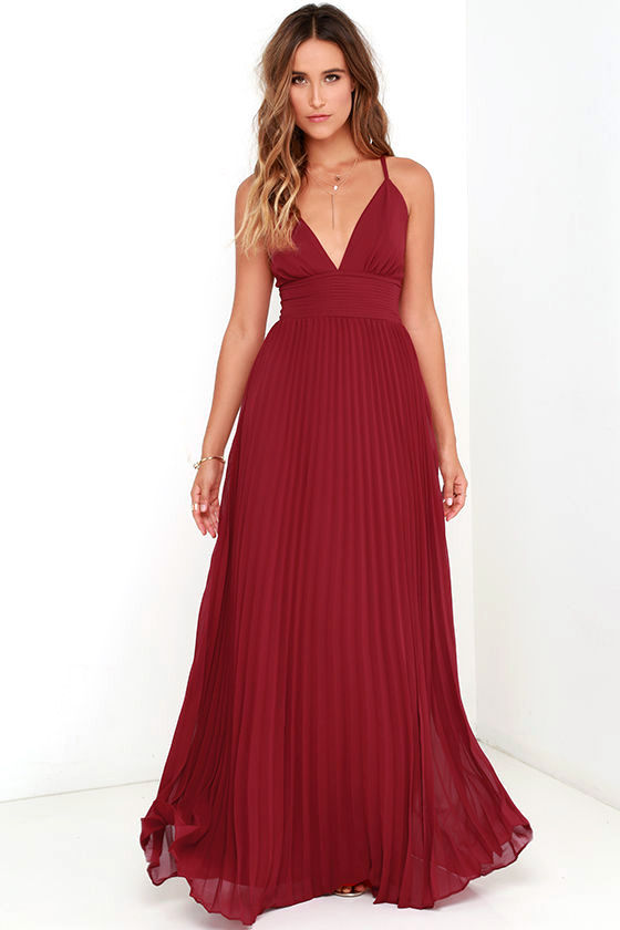 burgundy pleated maxi dress
