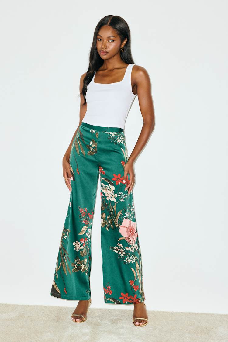 Green Floral Print Satin Wide-Leg Pants | Womens | X-Large (Available in XS, S, M, L) | 100% Polyester | Lulus Exclusive
