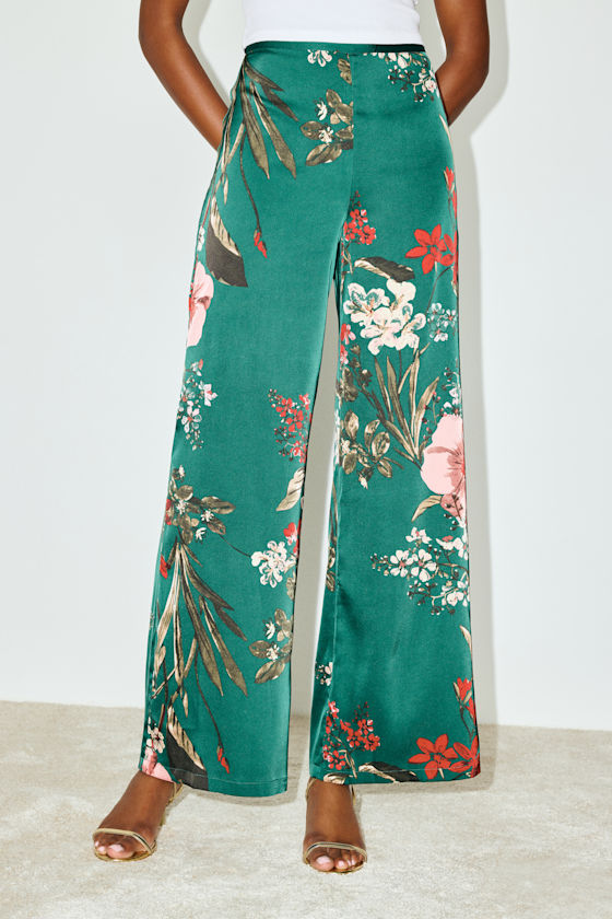 Thriving Vibes Green Floral Print Satin Wide-Leg Pants 2