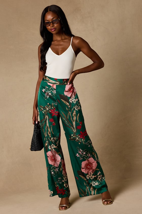 Green Floral Satin Pants - Floral Print Pants - Wide-Leg Pants - Lulus