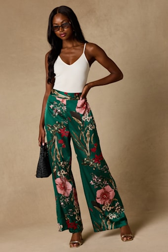 Thriving Vibes Green Floral Print Satin Wide-Leg Pants 2