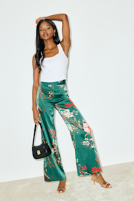 Thriving Vibes Green Floral Print Satin Wide-Leg Pants 3