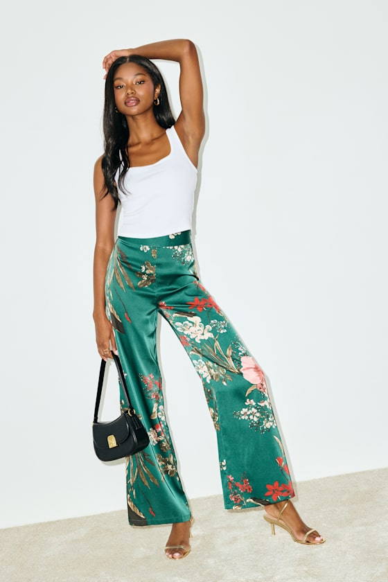 Thriving Vibes Green Floral Print Satin Wide-Leg Pants 3