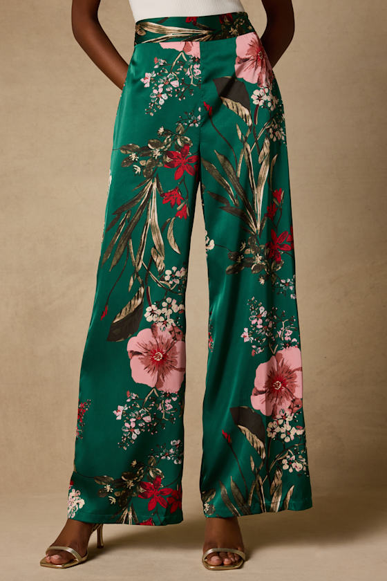 Thriving Vibes Green Floral Print Satin Wide-Leg Pants 3
