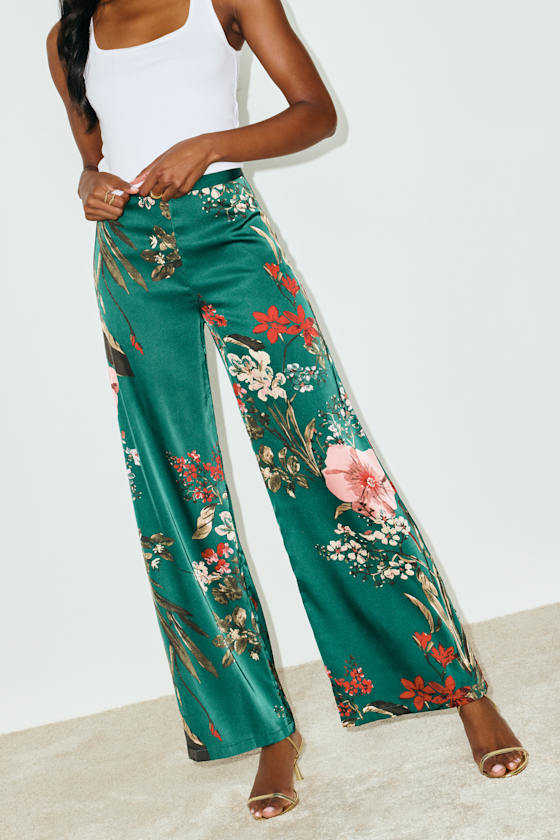 Thriving Vibes Green Floral Print Satin Wide-Leg Pants 5