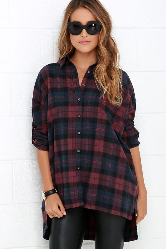 Plaid Flannel Shirt Burgundy Top ButtonUp Top 40.00 Lulus