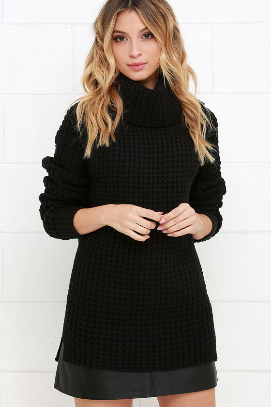 Cozy Black Sweater - Waffle Knit Sweater - Cowl Neck Sweater - $55.00 - Lulus