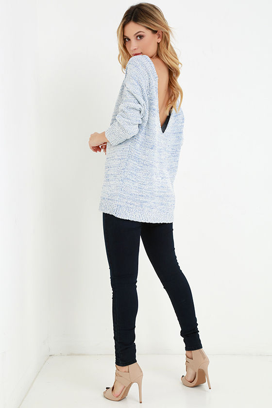 Ivory and Blue Sweater - Oversized Sweater - Thick-and-Thin Knit - $52.00