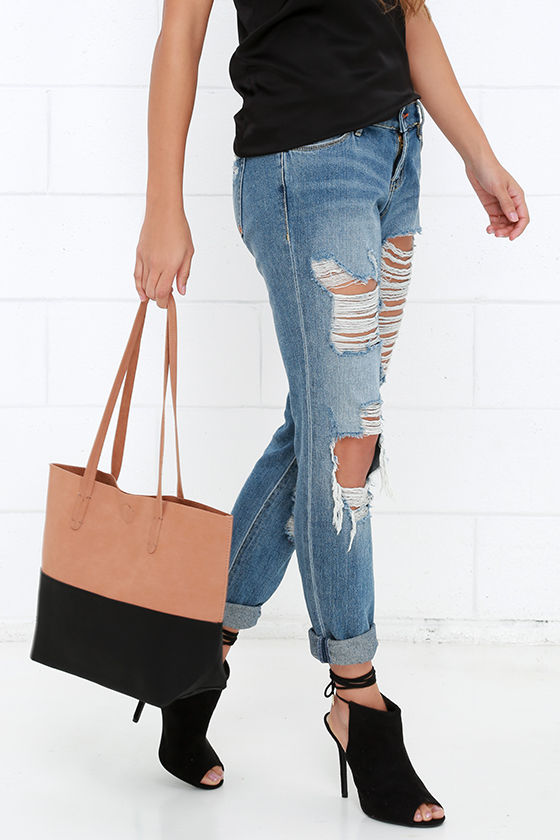 two tone leather tote