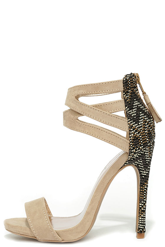 taupe suede ankle strap heels