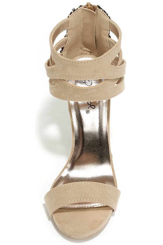 taupe suede ankle strap heels