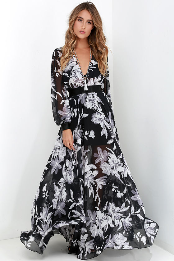 Floral Print Dress - Maxi Dress - Long Sleeve Dress - Black and Ivory ...