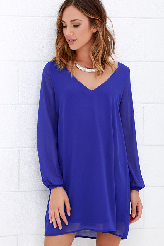 Cute Royal Blue Dress Long Sleeve Dress Shift Dress 47.00 Lulus