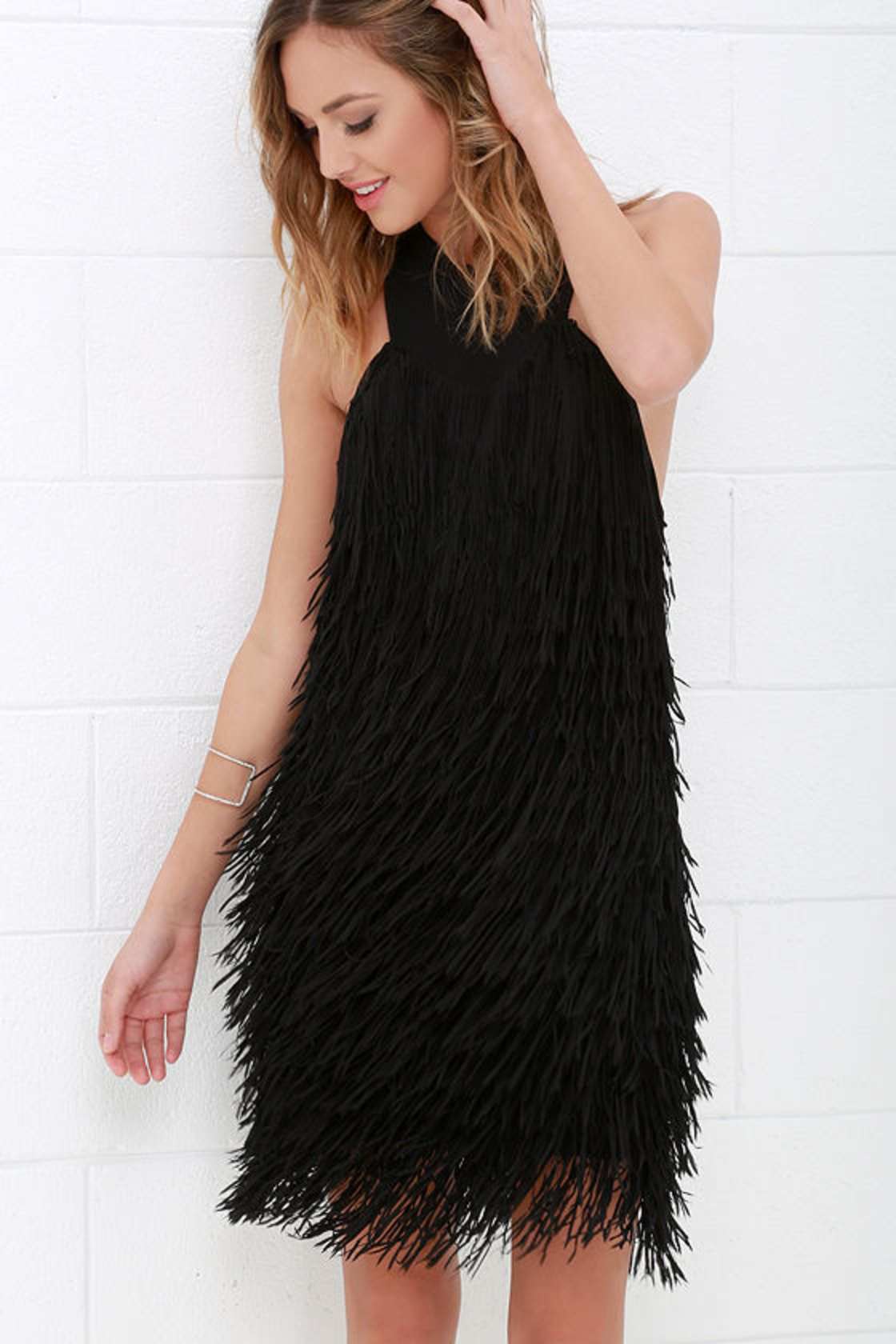Dress the Population Dylan Fringe Dress Black Dress Halter Dress