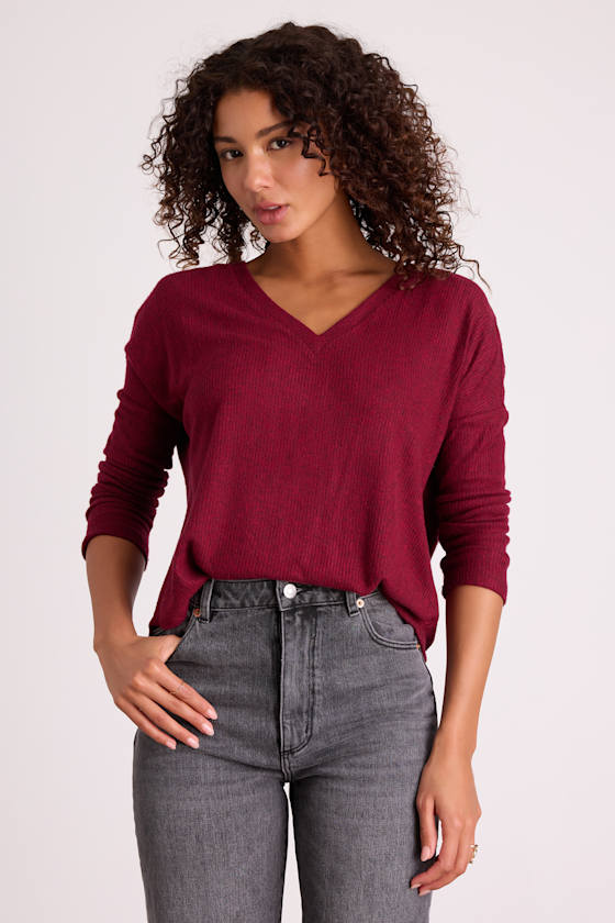 Lulus Just Vibing Wine Red Ribbed V-Neck Sweater Top