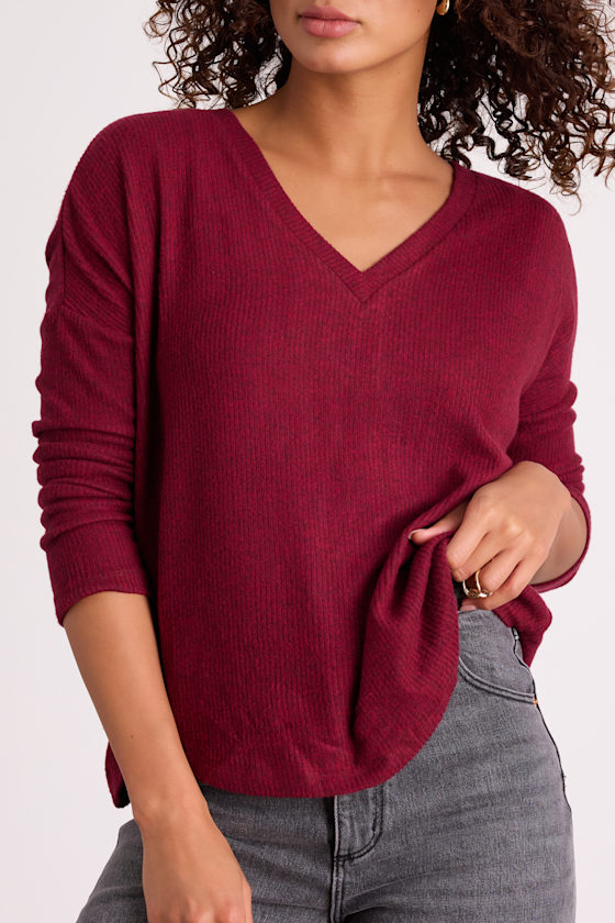 Just Vibing Wine Red Ribbed V-Neck Sweater Top 2