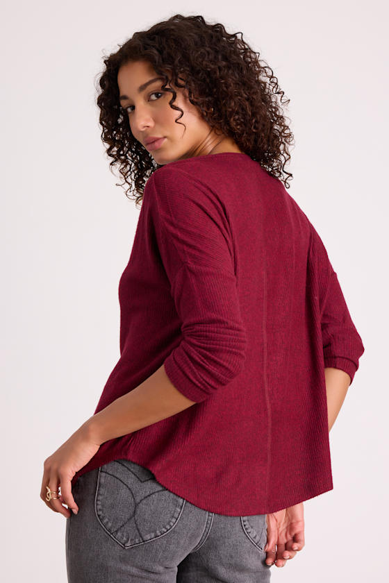 Just Vibing Wine Red Ribbed V-Neck Sweater Top - thumbnail 3