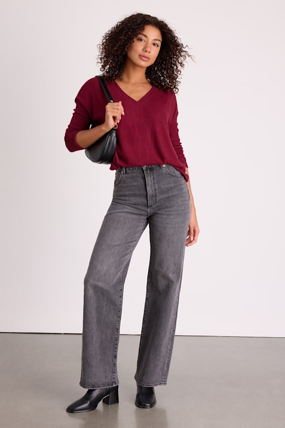 Just Vibing Wine Red Ribbed V-Neck Sweater Top - thumbnail 4