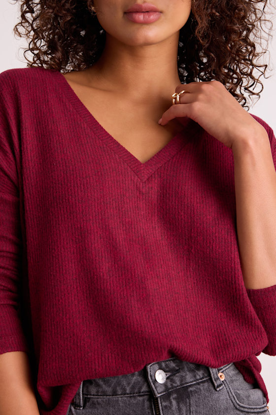 Just Vibing Wine Red Ribbed V-Neck Sweater Top - thumbnail 5