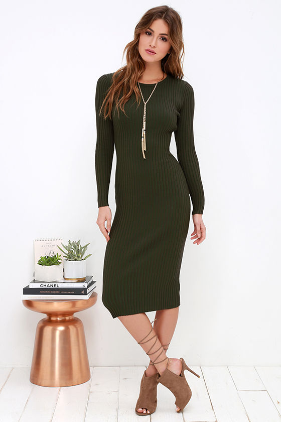 Cozy Olive Green Dress - Sweater Dress ...